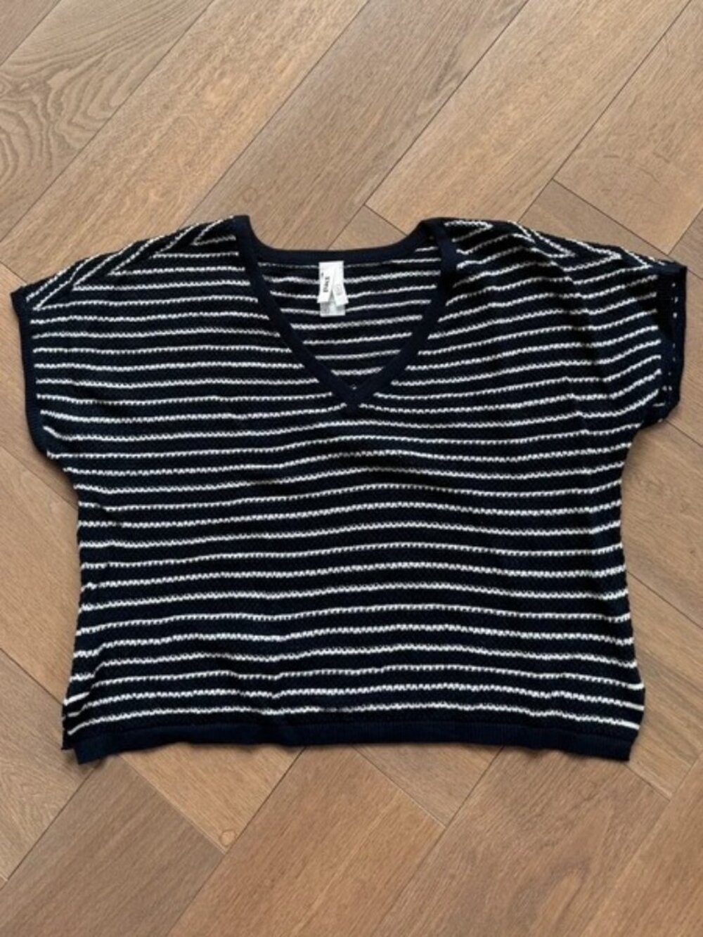Navy Blue White Striped Organic Cotton V Neck Top Women’s L
